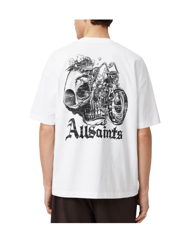 AllSaints PANHEAD Oversized Graphic T-shirt in optic white for men with crew neck, short sleeves, and bold graphic print.