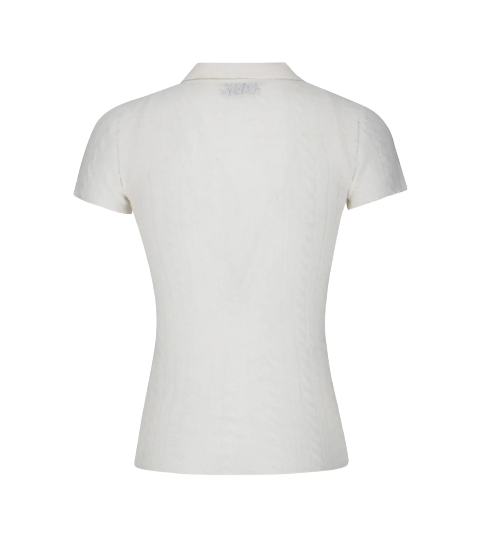 HAIKURE LAURIE Knit Polo Shirt in Butter featuring a semi-sheer finish, polo collar, button closure and raw-edge detailing.