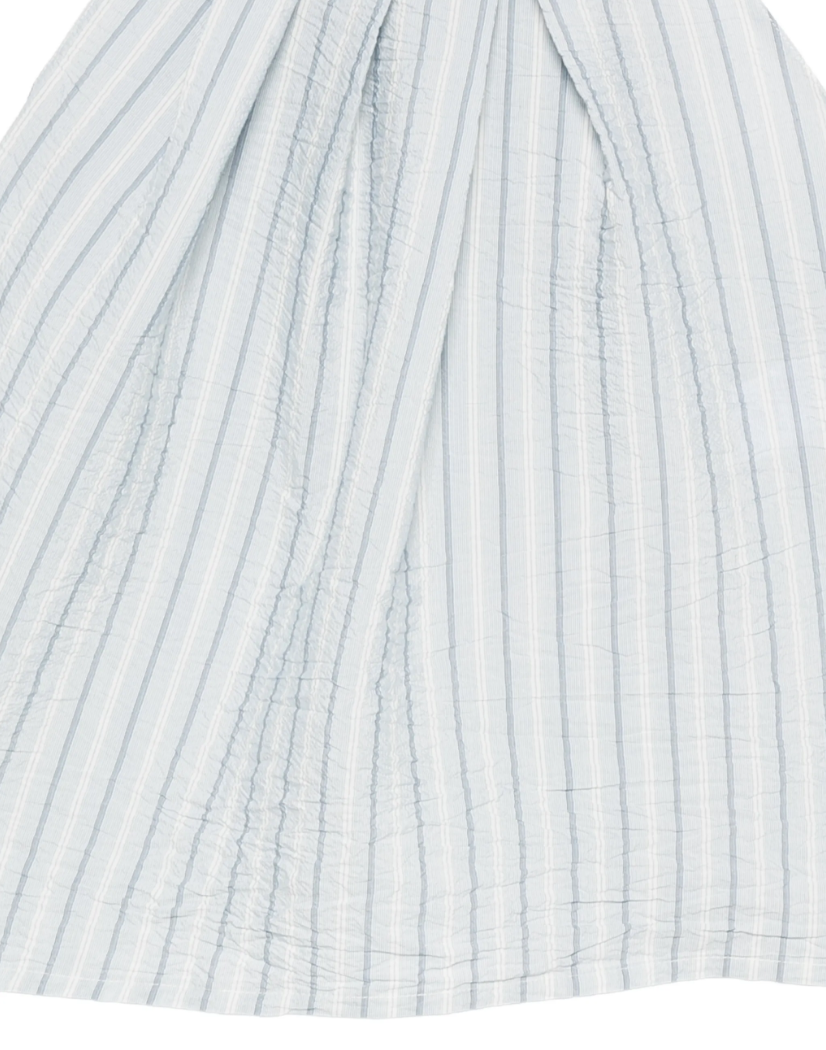 Light blue striped neckholder top by Tela, made in Italy with ruching and halter neckline for fresh, elegant summer style.