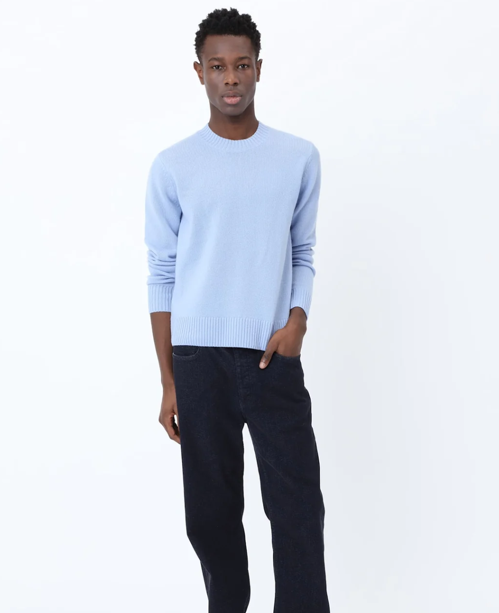 Won Hundred Rune Cashmere Knit Sweater for men in Brunnera Blue, crafted from a soft wool and cashmere blend with refined ribbed detailing.