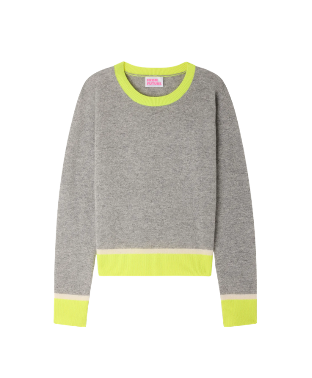 FROM FUTURE Colour-Block Cashmere Sweater in Dark Earth Grey and Neon Yellow, crafted from lightweight GCS®-certified cashmere.