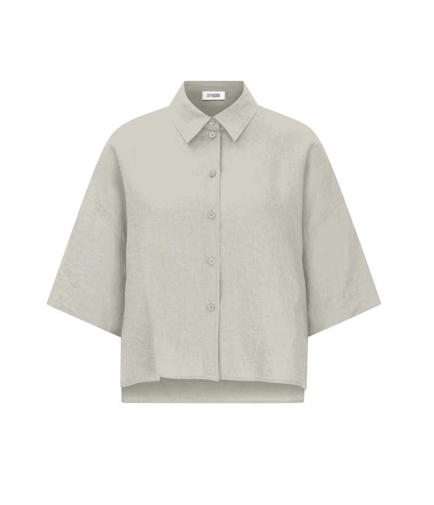 Drykorn YARIKA linen shirt in dried weed with oversized fit, 3/4 sleeves, and side slit details.