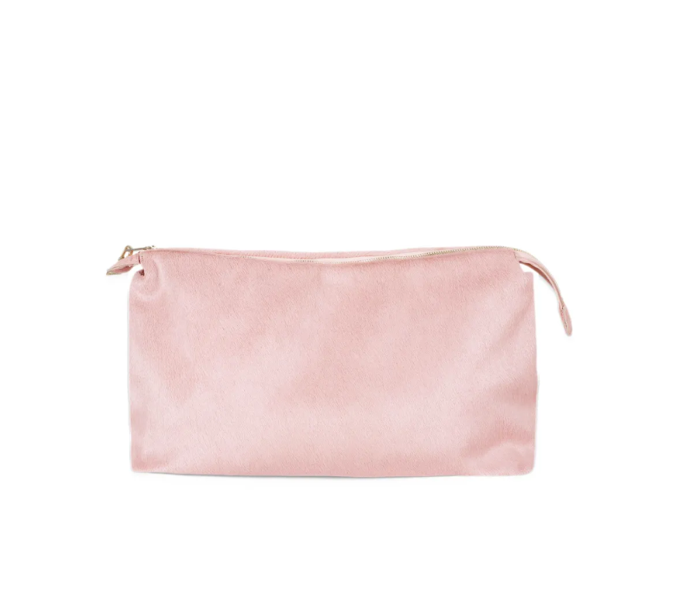 TELA KAORI Clutch Bag in Pink, crafted from 100% goatskin with a luxurious hair-on finish, gold-tone hardware and zip closure.