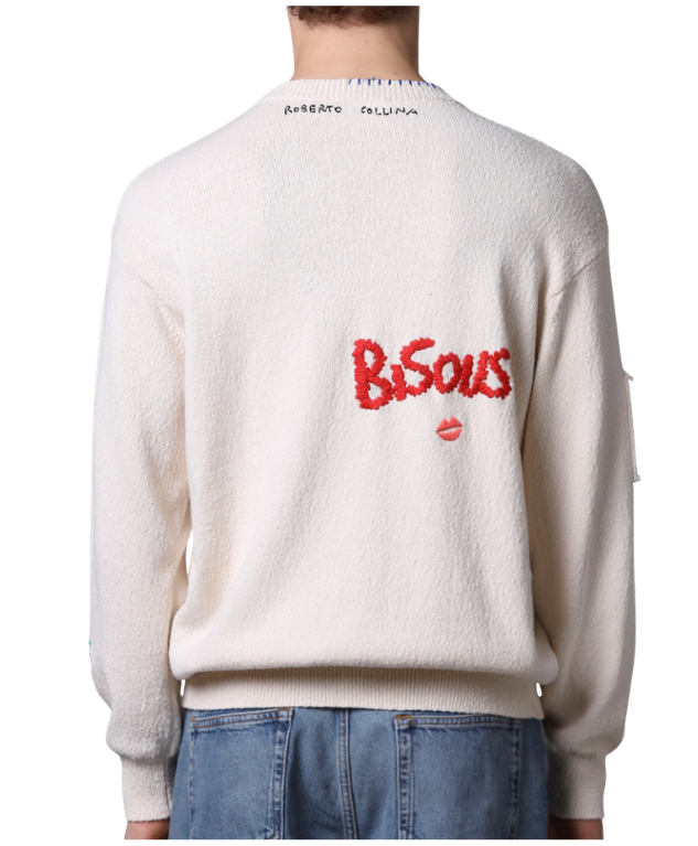 Roberto Collina “CIAO AMORE” sweater in natural with textured cotton knit, embroidered lettering, and relaxed fit.