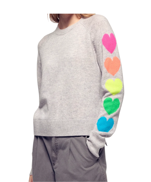 From Future cashmere sweater in light heather grey with colourful heart motifs and oversized fit.