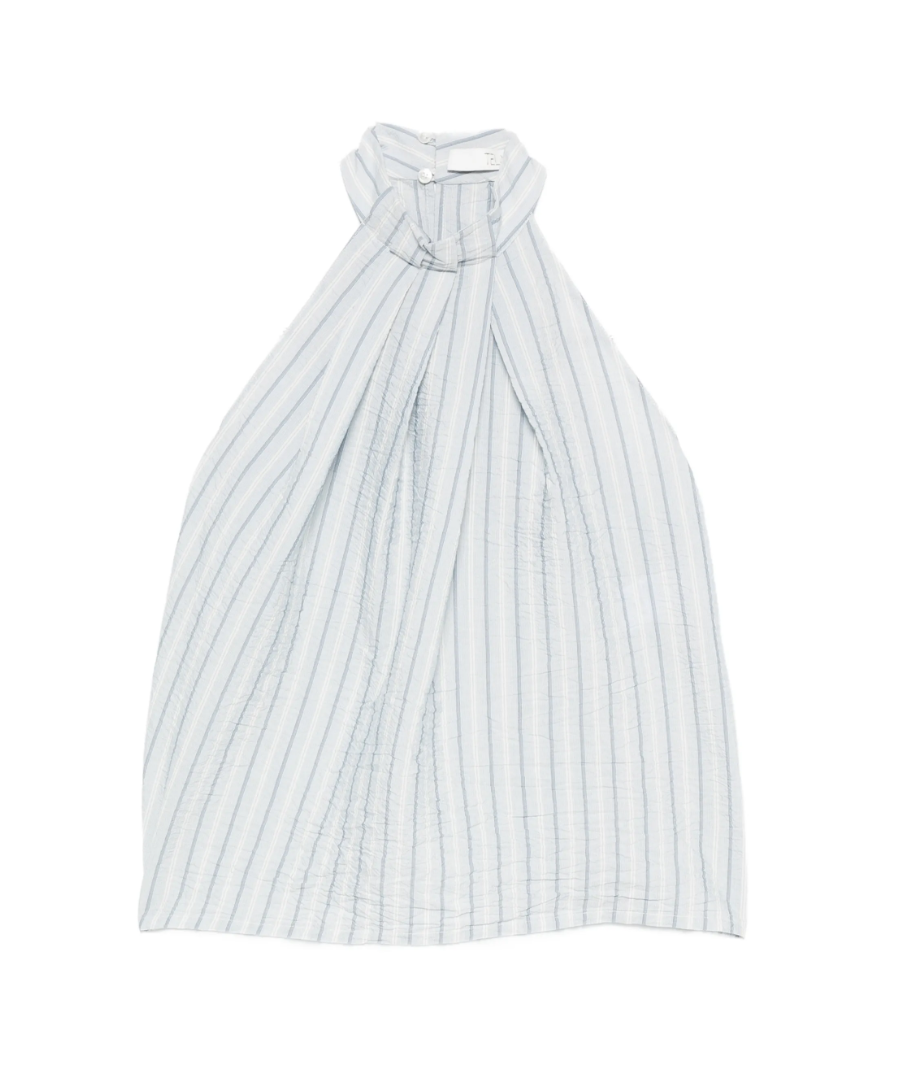 Light blue striped neckholder top by Tela, made in Italy with ruching and halter neckline for fresh, elegant summer style.
