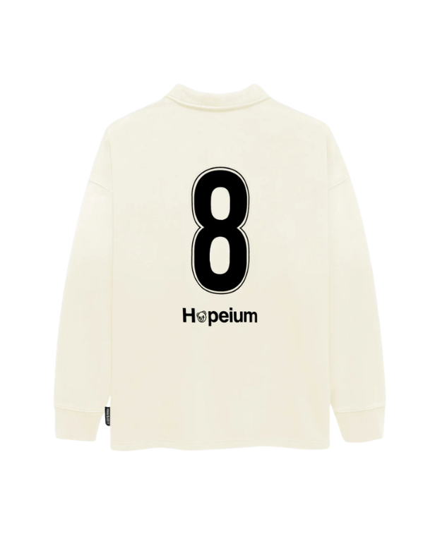 HOPEIUM Football Polo Sweat in ecru with front print, infinity back graphic, and oversized fit.