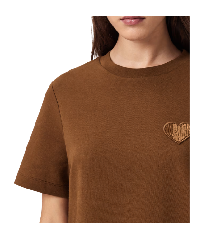 AllSaints LOVER Lisa Embroidered T-shirt in cognac brown with crew neck, short sleeves, embroidered heart patch, and signature logo.