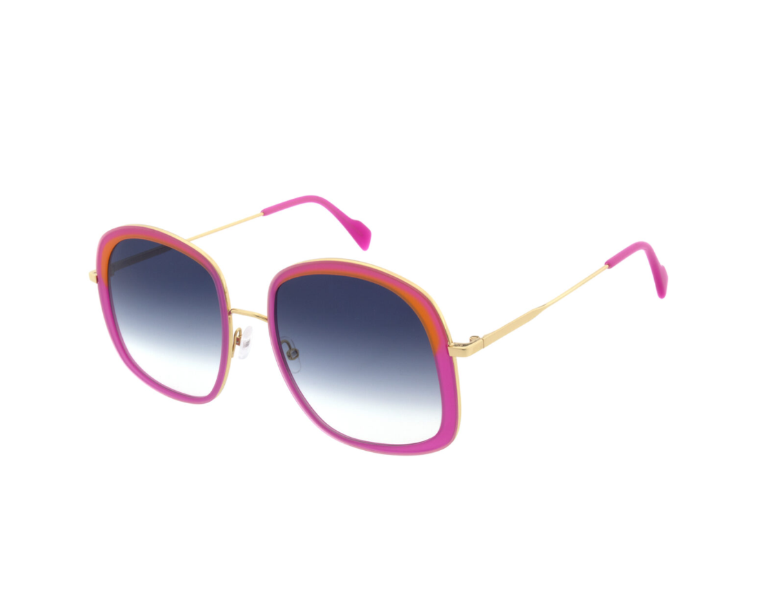 Andy Wolf LAUREL sunglasses in pink with blue accents, oversized rectangular frame, and shiny acetate.