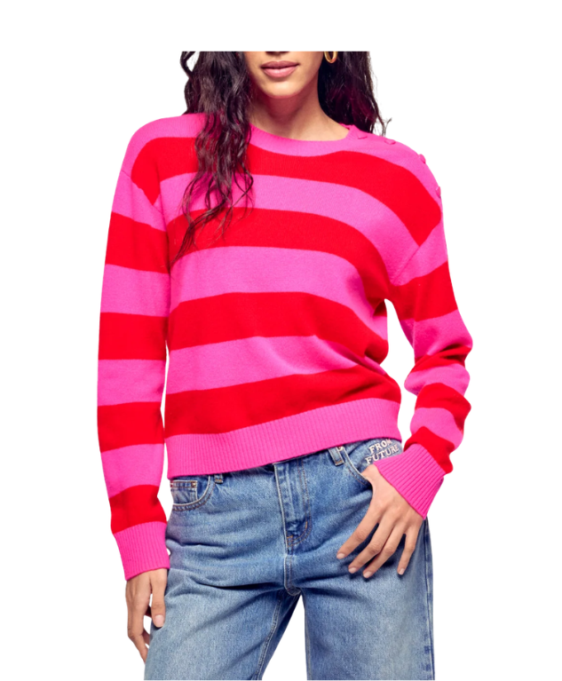 From Future striped cashmere sweater in flash pink with heart buttons and two-tone stripes.