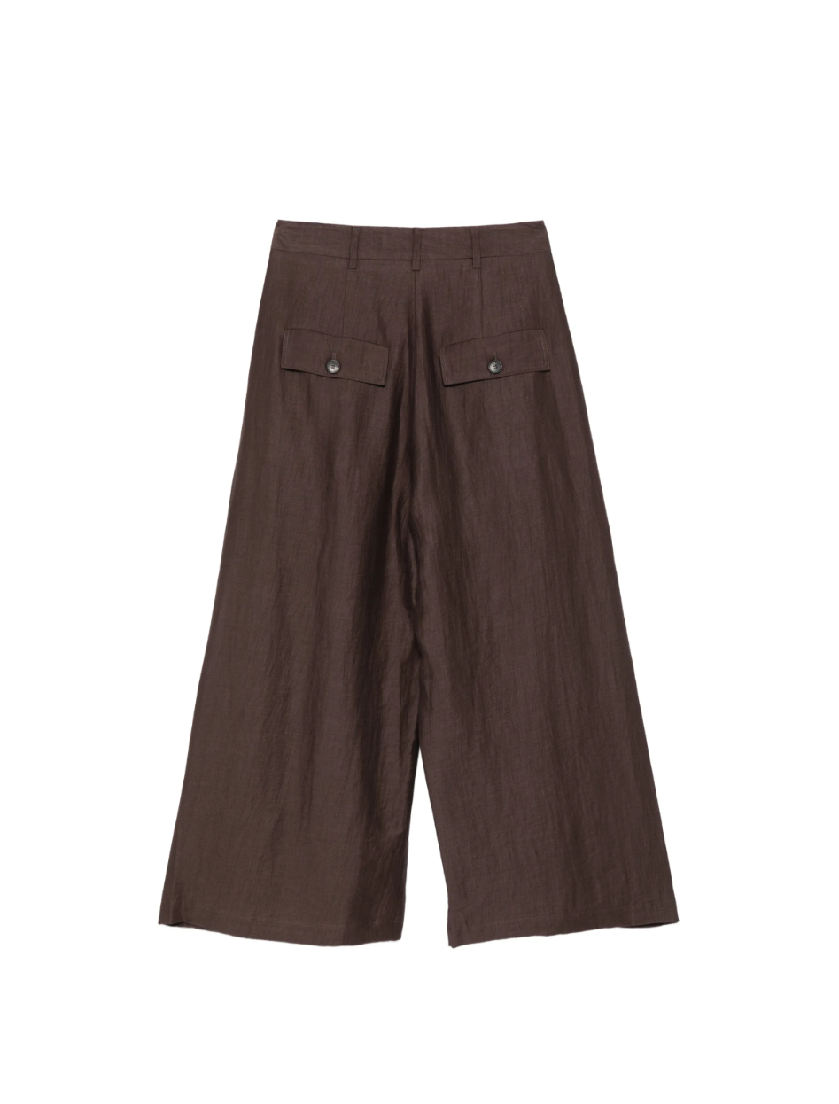 Brown pleated wide-leg trousers by Tela, made in Italy with belt loops and rear buttoned flap pockets for refined tailoring.