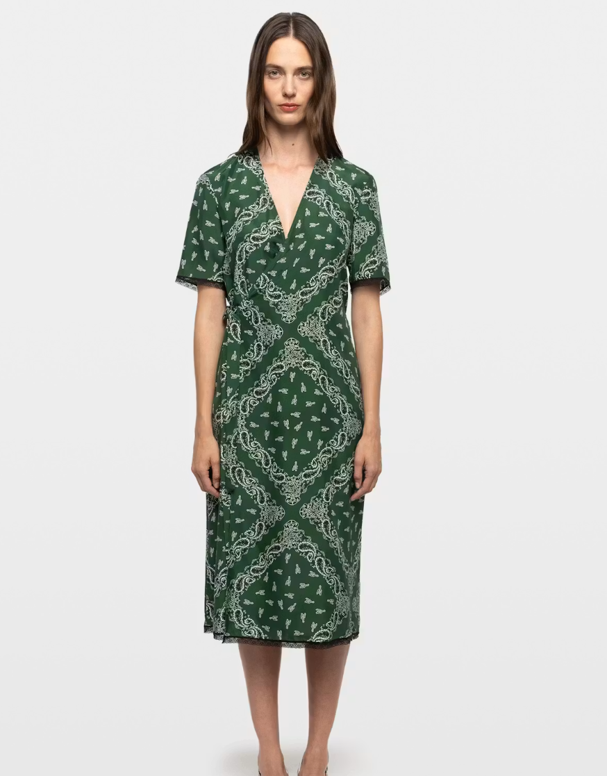 Zadig&Voltaire Reforme silk dress in Meadow with bandana print, asymmetric wrap silhouette, and Wings embroidery.
