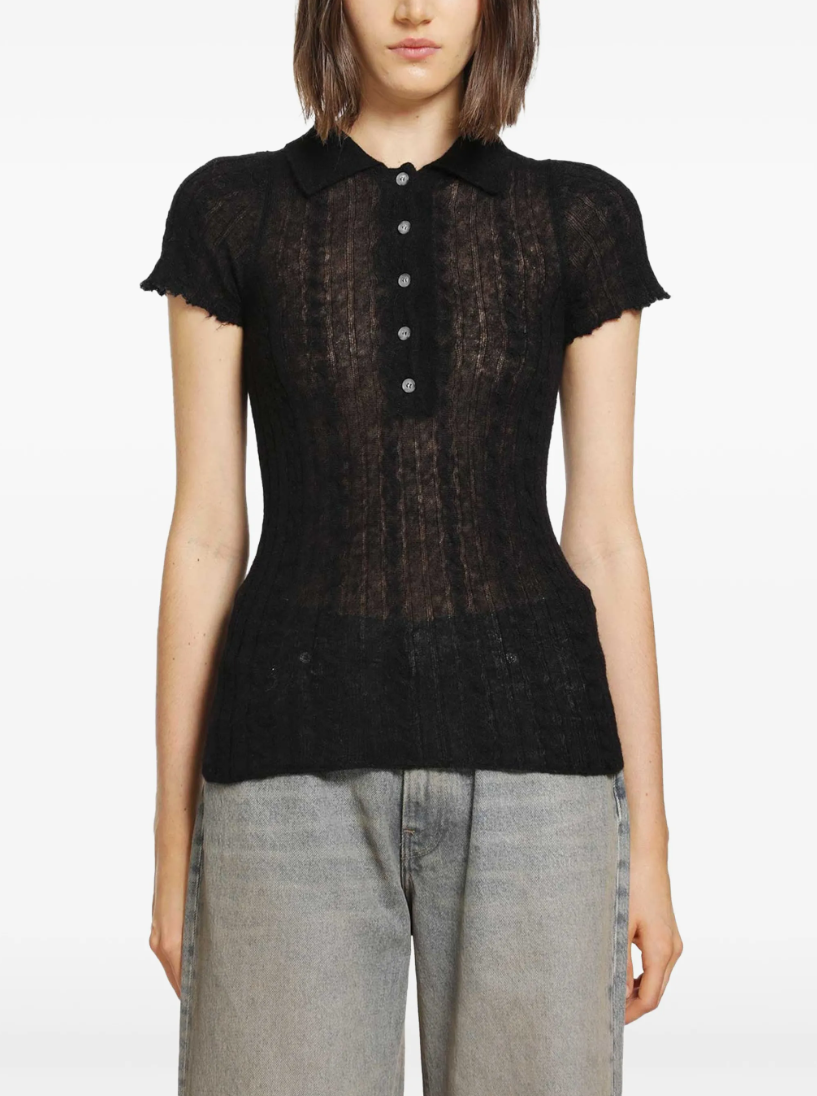 Haikure LAURIE Polo Shirt for women in Black with a semi-transparent cable-knit texture, polo collar and short sleeves. Made in Italy.
