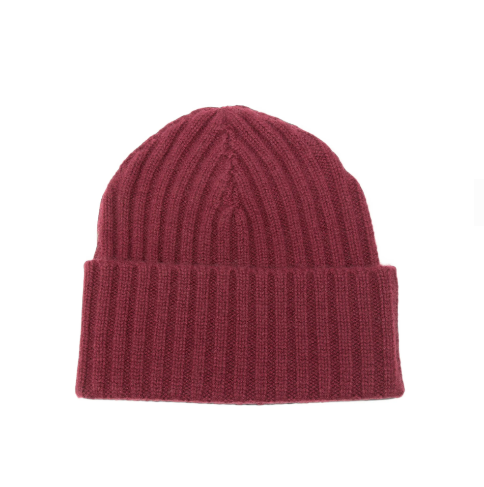 WARM-ME POPEYE Cashmere Beanie in Maroon Banner, hand-knitted in Nepal from 100% Mongolian cashmere with a structured ribbed design.