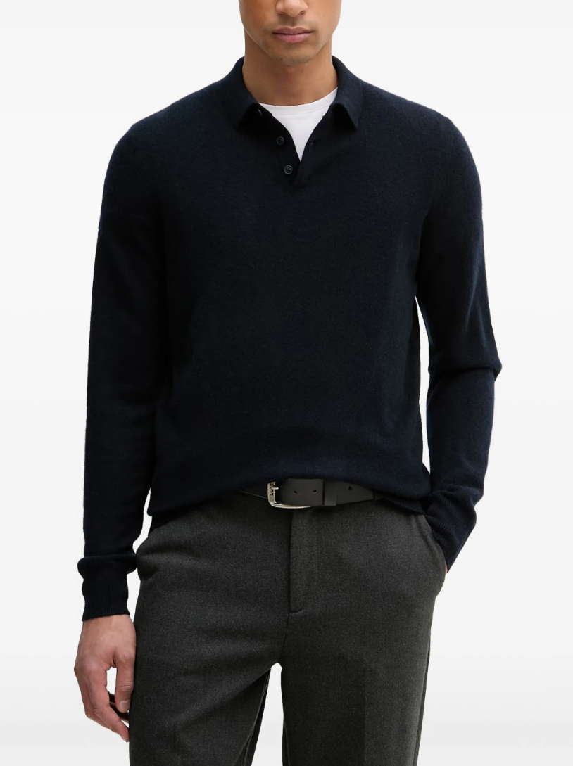 FROM FUTURE Cashmere Polo Sweater for men in Navy, crafted from 100% GCS®-certified cashmere with a buttoned polo collar and regular fit.