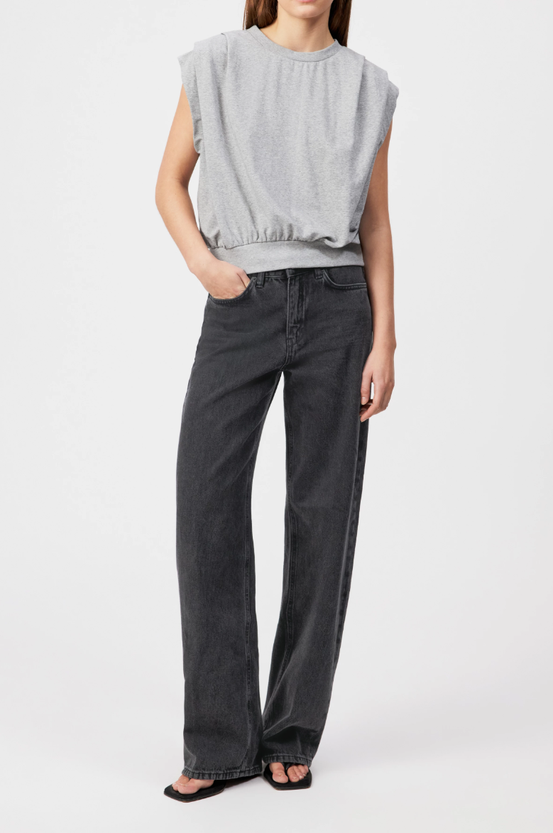 Grey CALLUNA oversized top by Drykorn in soft French Terry with cropped O-shape fit and shoulder pleat details for relaxed style.