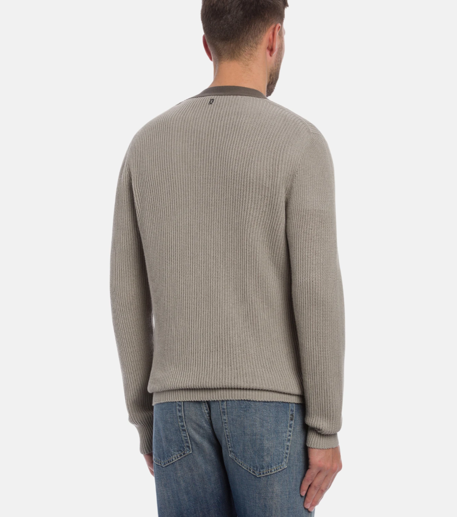 Dondup grey ribbed knit cardigan with V-neck, button fastening, and striped texture.