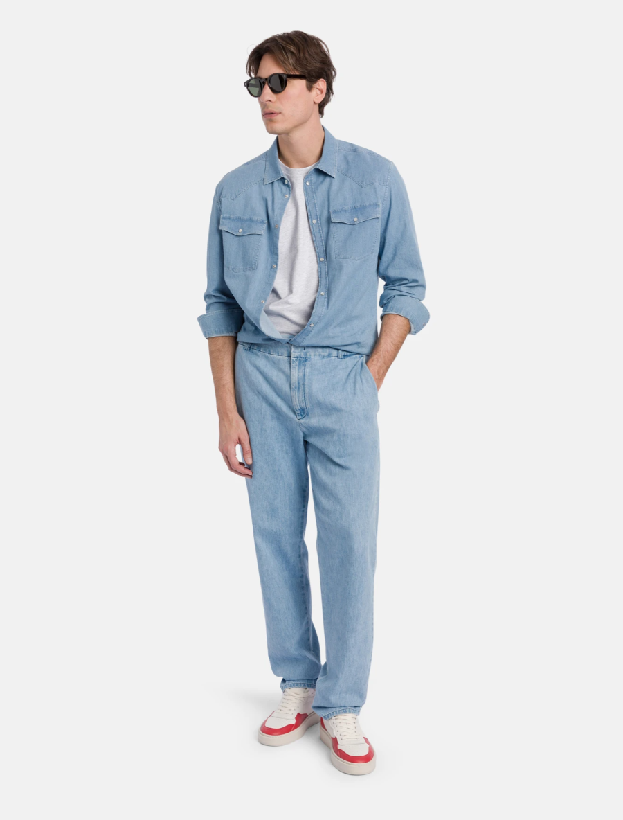 Dondup James loose-fit trousers in blue rigid denim with chino style and welt pockets.