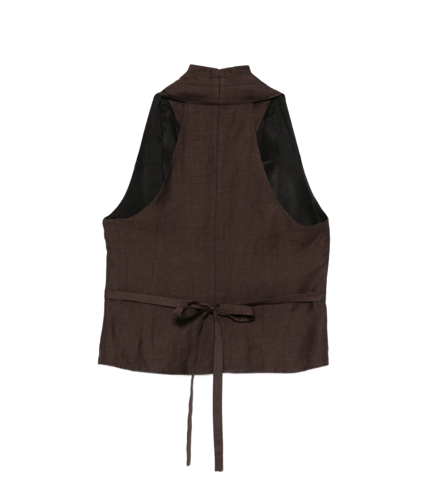 Brown button tie waistcoat by Tela, made in Italy with halterneck design, sleeveless cut, and tailored fit for modern elegance.