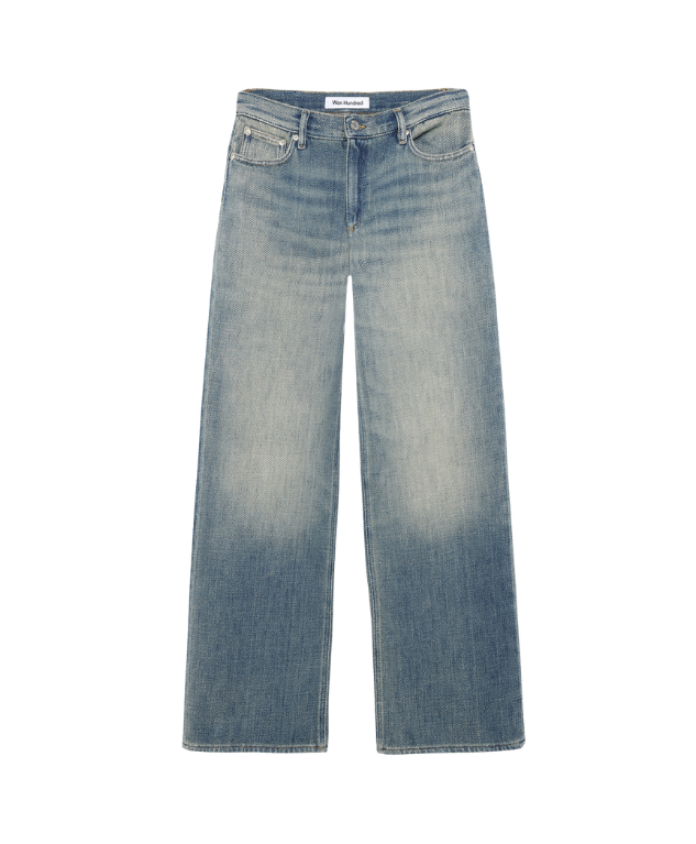 Won Hundred CASE Denim Pants for men in Sticky Blue, crafted from 100% cotton with heavy denim, a fluid drape and vintage-inspired faded details.