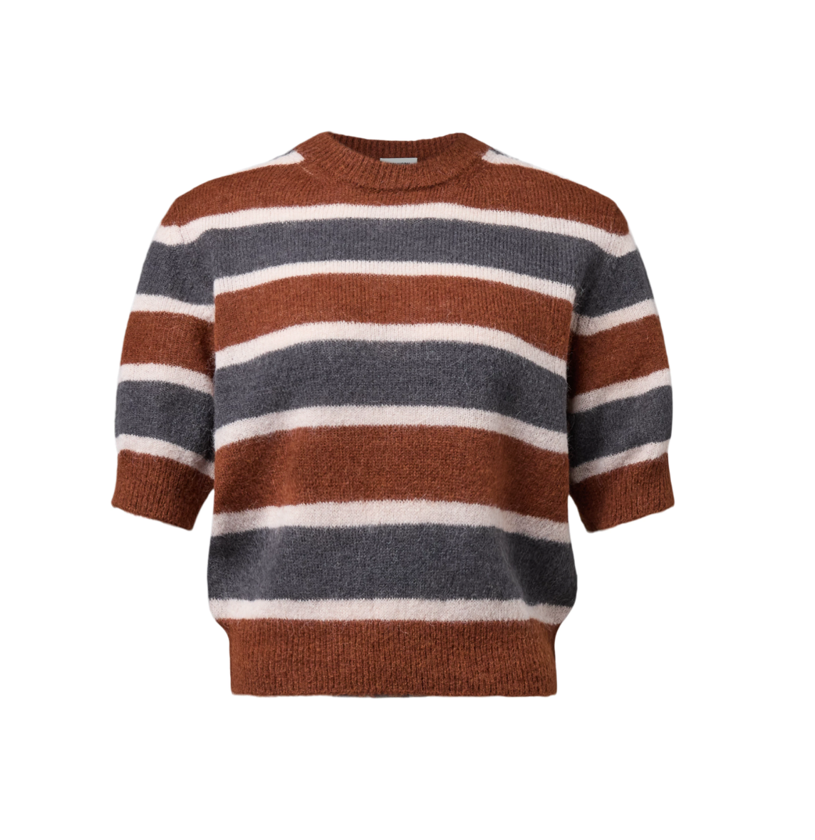 Drykorn SANIDY Knit T-Shirt for women in Chocolate Fondant with a relaxed cropped fit, block stripes and soft alpaca-blend texture.