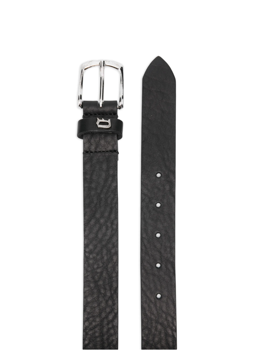 Dondup black textured belt with silver-tone buckle, logo detail, and adjustable fit.