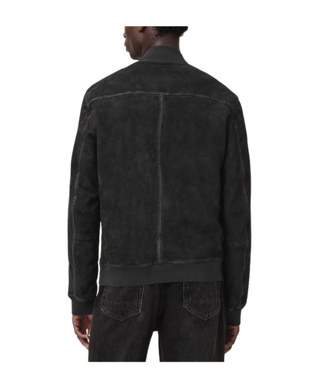 AllSaints KEMBLE Suede Bomber Jacket in black with zip closure, ribbed trims, chest pocket, and recycled lining.