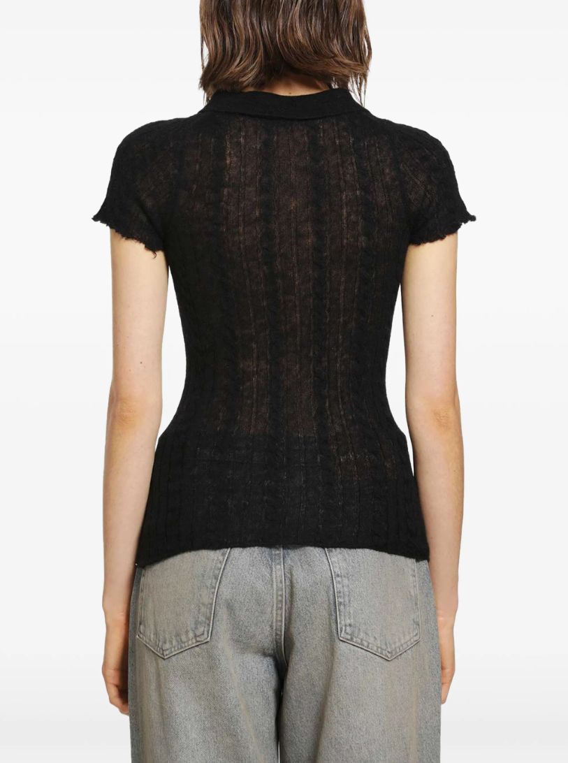Haikure LAURIE Polo Shirt for women in Black with a semi-transparent cable-knit texture, polo collar and short sleeves. Made in Italy.