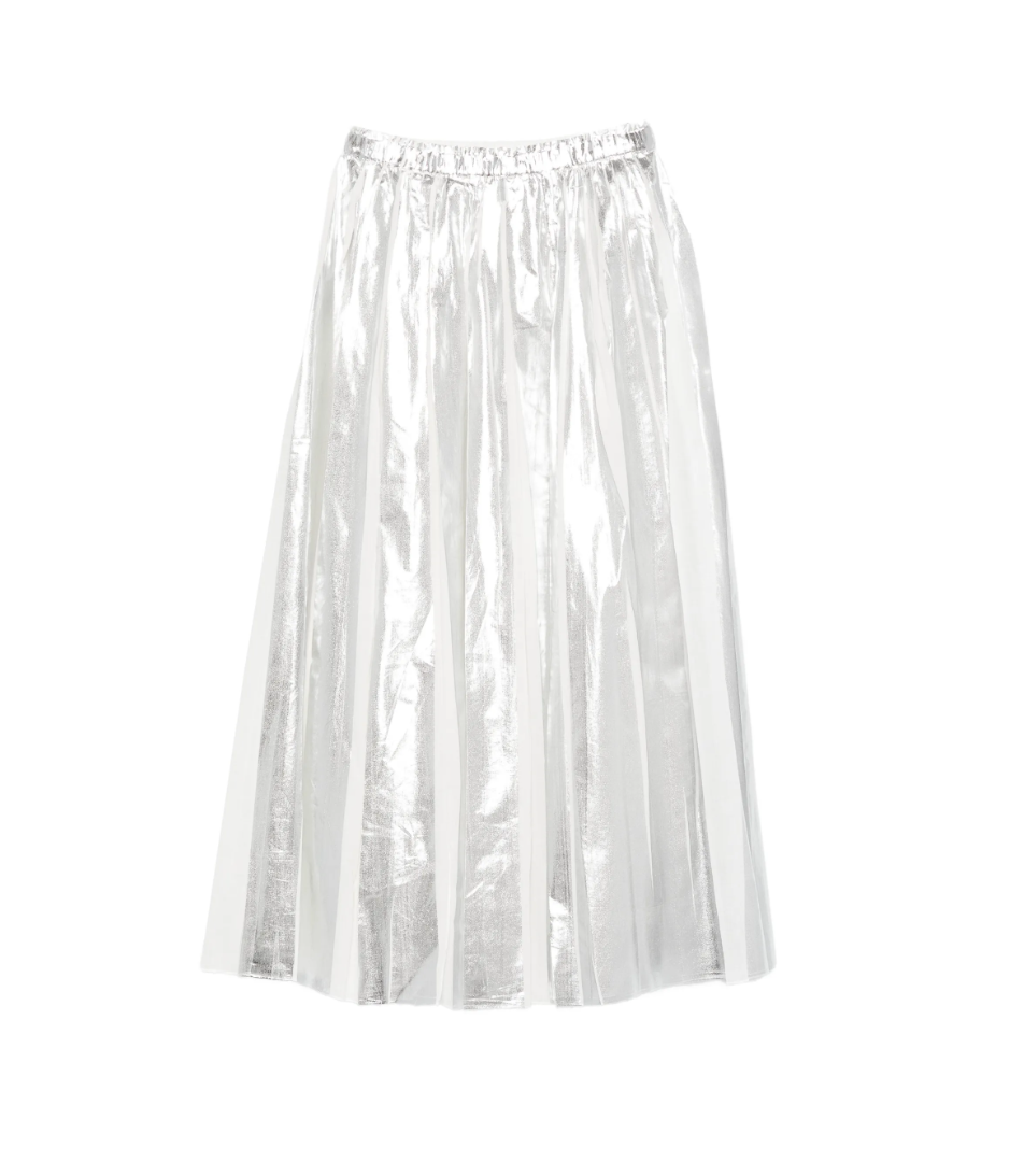 Silver pleated maxi skirt by Tela, made in Italy with elastic waistband for flowing movement and modern elegance.