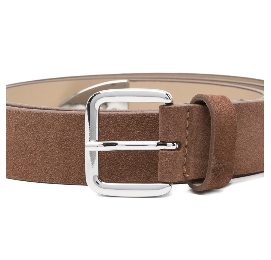 Brown D. Rock suede belt by Tela with silver-tone buckle, made in Italy from 100% calf suede, includes protective dust bag.