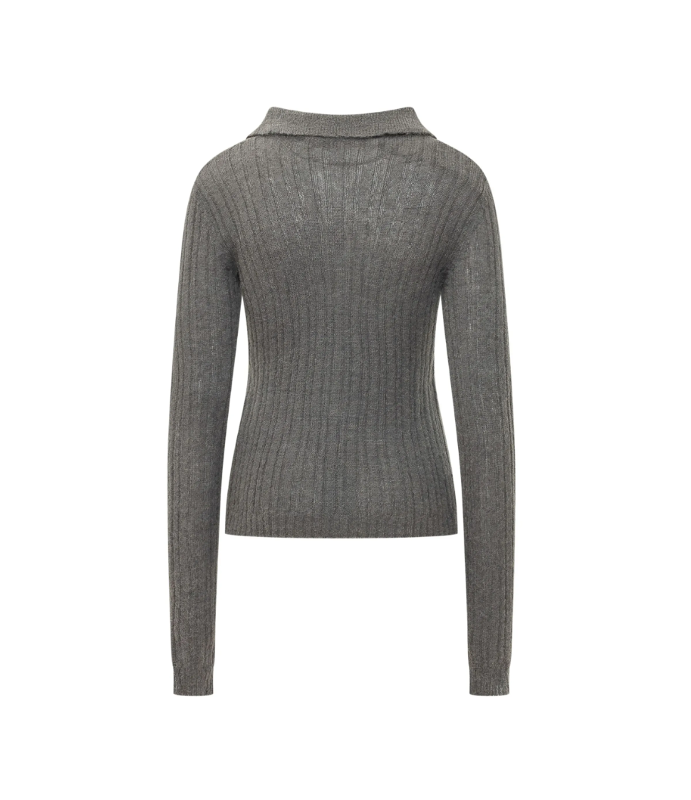 TELA JOY Ribbed Cardigan in Grigio, crafted from a soft alpaca blend with a textured ribbed knit, spread collar and button closure.