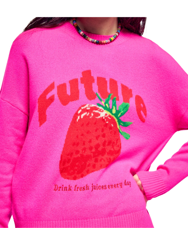 From Future strawberry intarsia cashmere sweater in flash pink with slogan and regular fit.