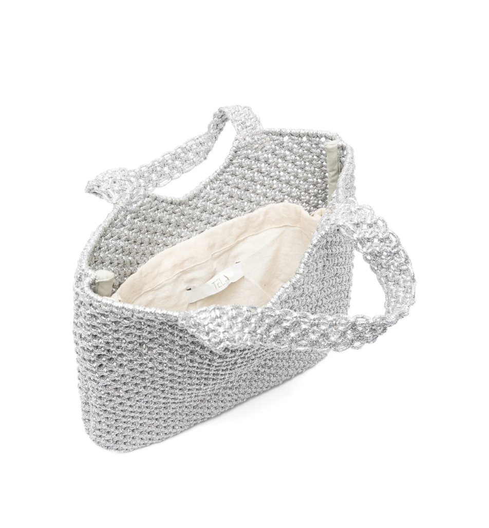 Tela top-handle shoulder bag in silver, made in Italy with protective dust bag for chic, functional everyday style.