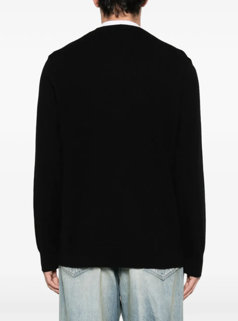 FROM FUTURE men's Heart Cashmere Sweater in Black, crafted from 100% pure cashmere with a distinctive heart motif and ribbed trims.