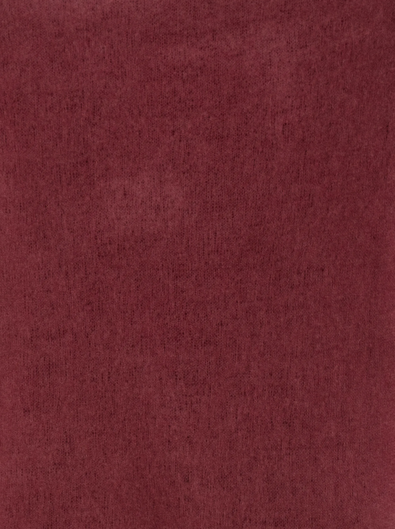 WARM-ME Small NOMAD Scarf in Maroon Banner, crafted from 100% pure cashmere with a lightweight, semi-sheer fine knit and fringed edges.