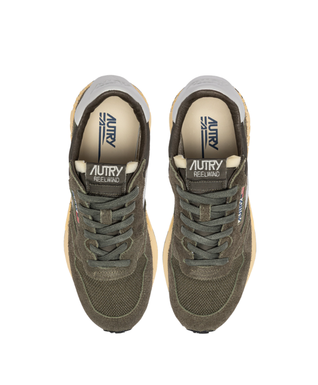 Autry Reelwind Low sneakers for men in Olive Night and Harbor Mist with nylon, suede, and retro running design.