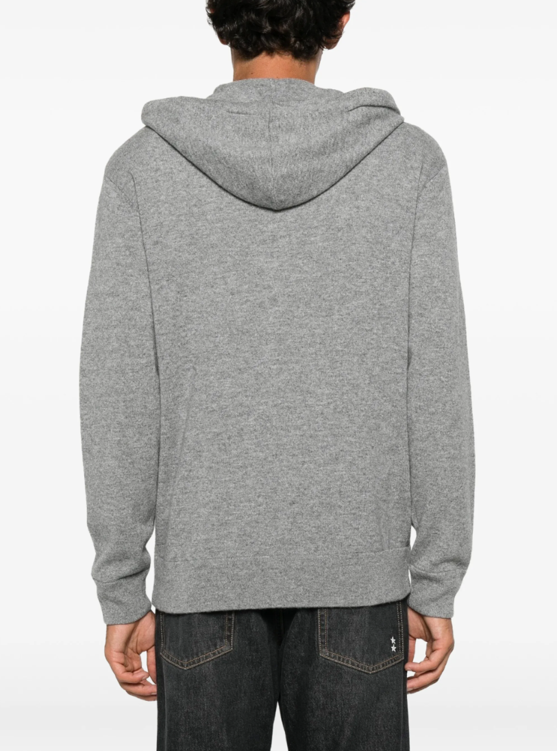 FROM FUTURE men's Hooded Cashmere Cardigan in Gris Chiné Foncé, crafted from 100% pure cashmere with a drawstring hood and zip closure.