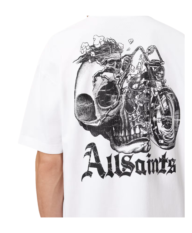 AllSaints PANHEAD Oversized Graphic T-shirt in optic white for men with crew neck, short sleeves, and bold graphic print.