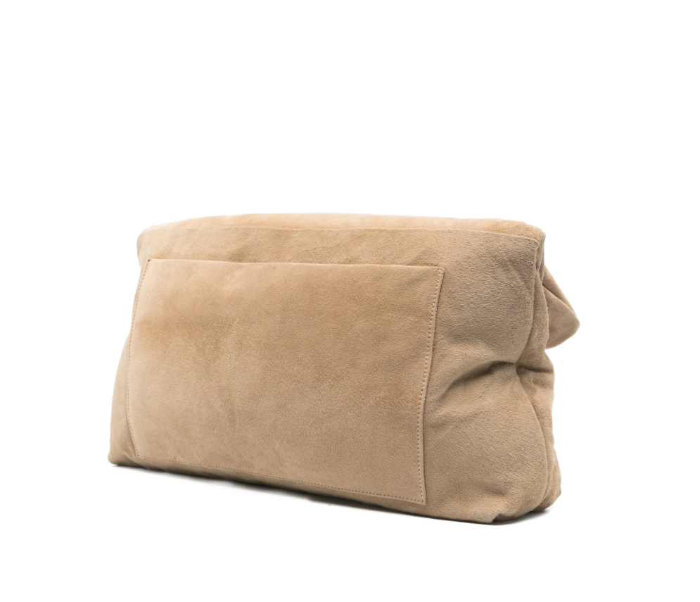 Tela beige leather clutch with flap, gold-tone hardware, shoulder strap, and zip closure.