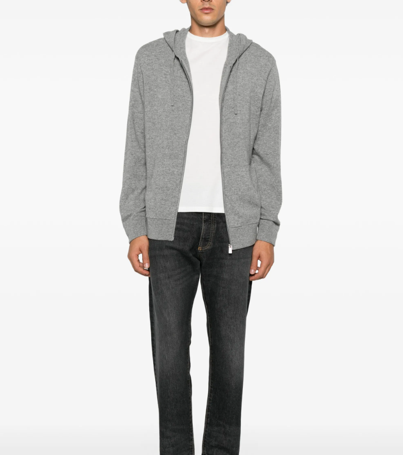 FROM FUTURE men's Hooded Cashmere Cardigan in Gris Chiné Foncé, crafted from 100% pure cashmere with a drawstring hood and zip closure.