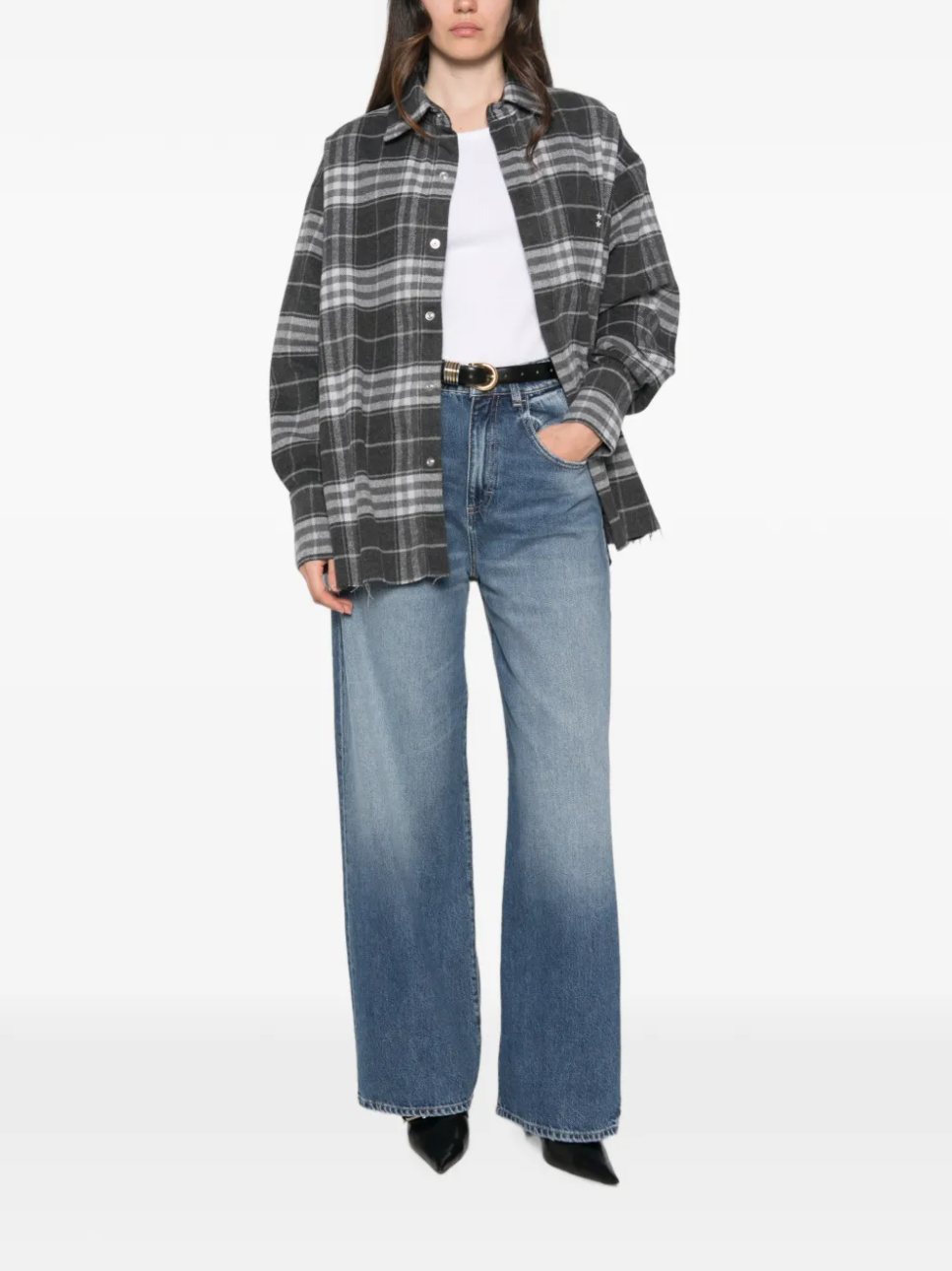 Icon Denim Jazzy check-pattern overshirt with raw-cut finish in black and grey.