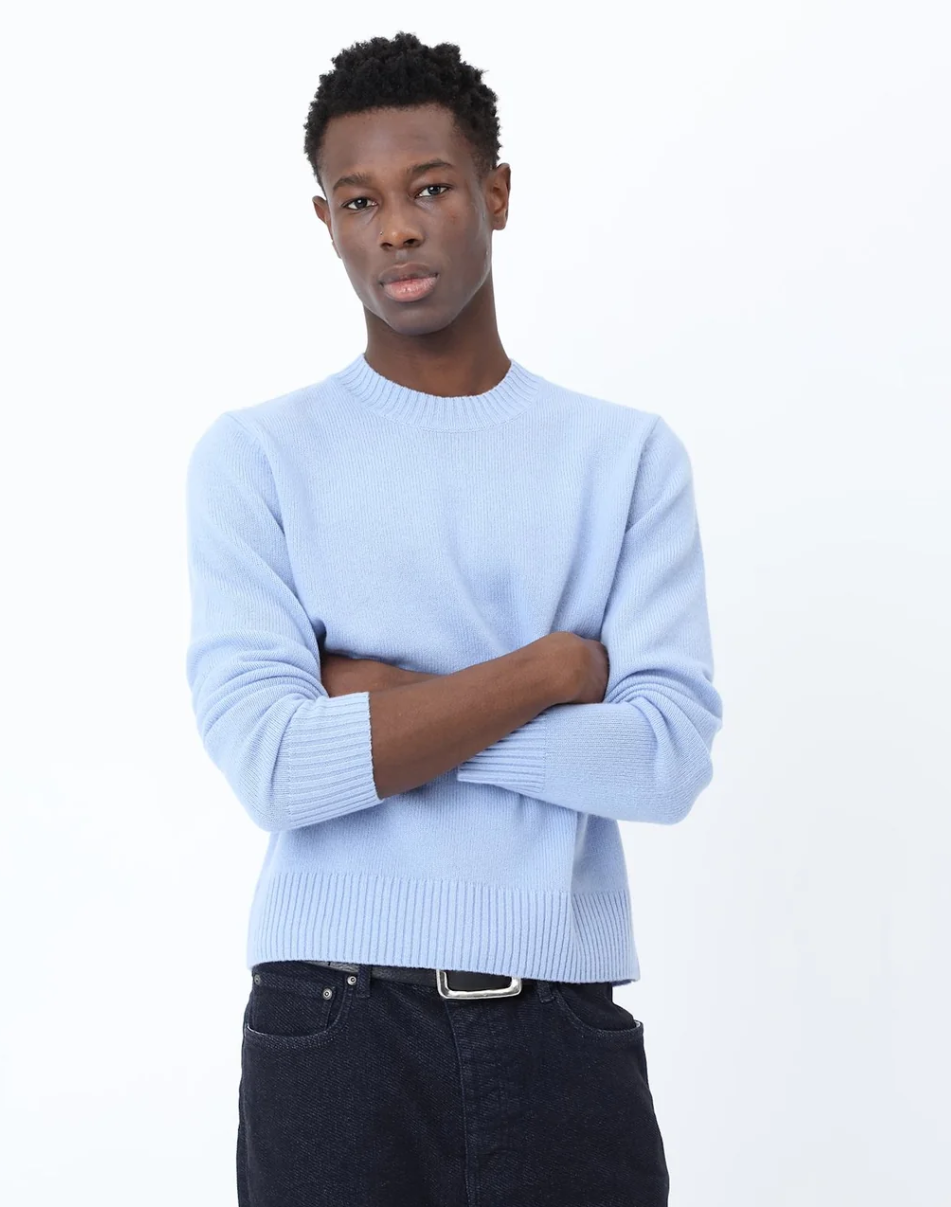 Won Hundred Rune Cashmere Knit Sweater for men in Brunnera Blue, crafted from a soft wool and cashmere blend with refined ribbed detailing.