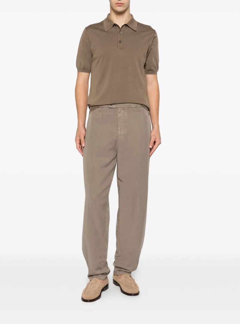 Dondup Mason trousers in brown linen-lyocell blend with relaxed fit, pressed creases, and chino styling.