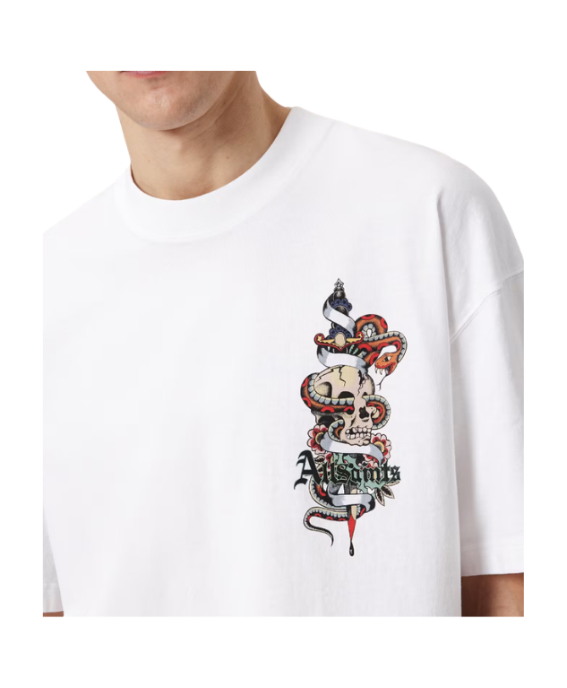Optic white AllSaints BLADE oversized graphic T-shirt for men with crew neck, short sleeves, and tattoo-inspired print.