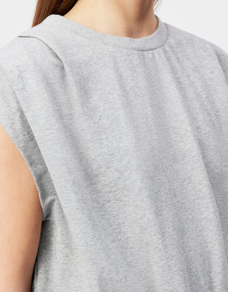 Grey CALLUNA oversized top by Drykorn in soft French Terry with cropped O-shape fit and shoulder pleat details for relaxed style.