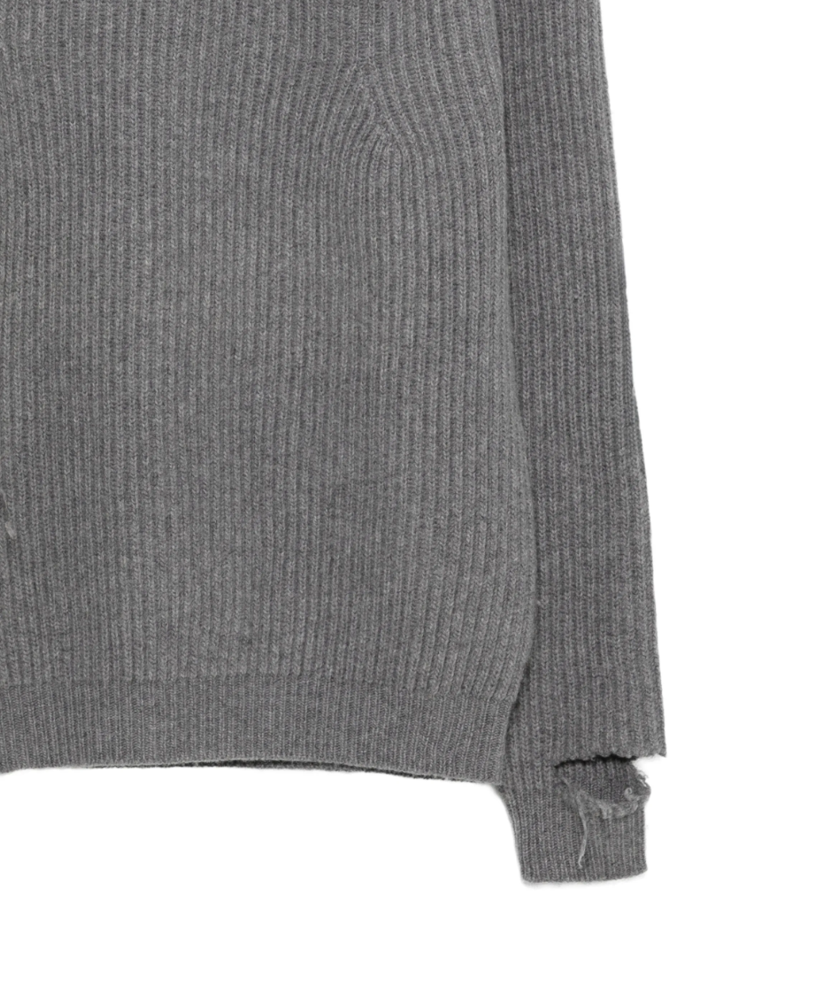 HAIKURE Linden ribbed sweater in grey with distressed detailing, crew neck and ribbed trims. Made in Italy.
