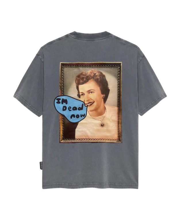 HOPEIUM men’s “I’M DEAD NOW” T-shirt in washed grey with photo print on back and regular fit.