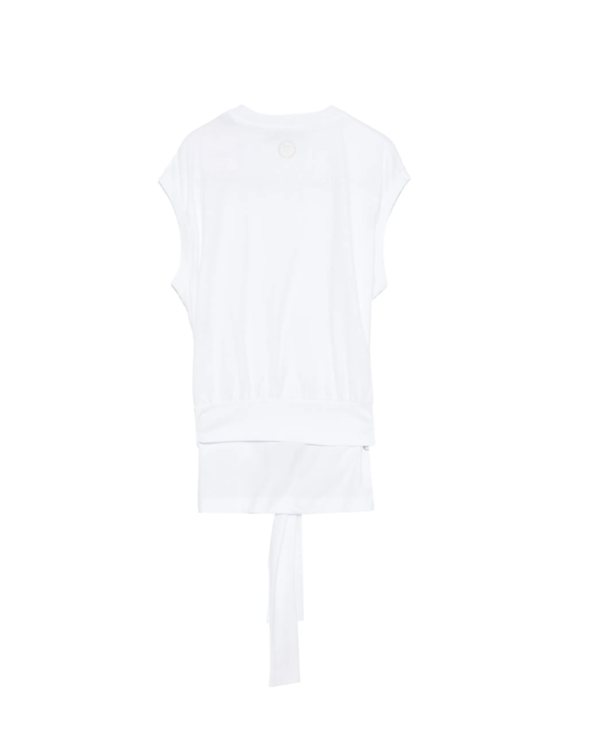 Tela white T-shirt with tie waist, sleeveless design, and logo embroidery.