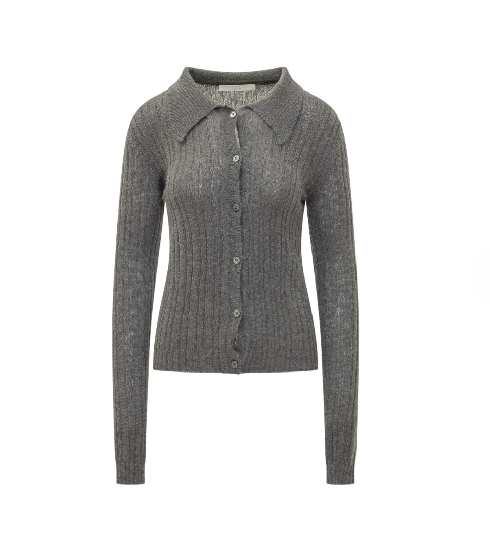 TELA JOY Ribbed Cardigan in Grigio, crafted from a soft alpaca blend with a textured ribbed knit, spread collar and button closure.