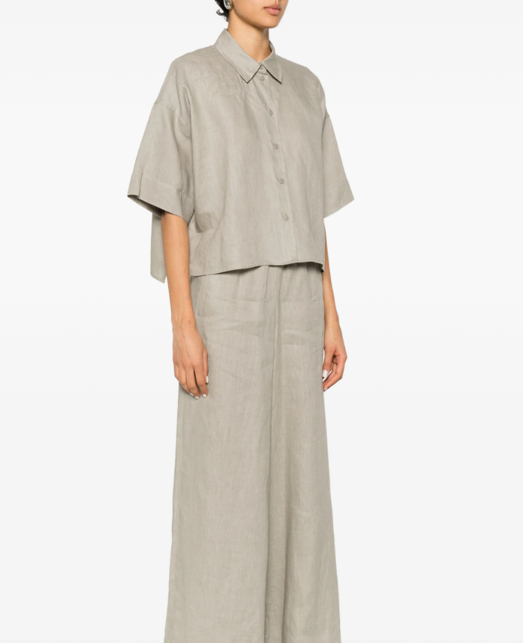 Drykorn CEILING linen trousers in dried weed with low waist, elastic waistband, and relaxed fit.